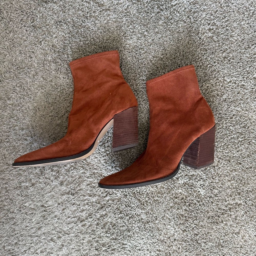 Saks Fifth Avenue Cognac Faux Suede Sock Pull-On Ankle Booties with 3” Heel